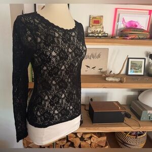 French Connection Black Lace Long Sleeve Overlay Top Blouse